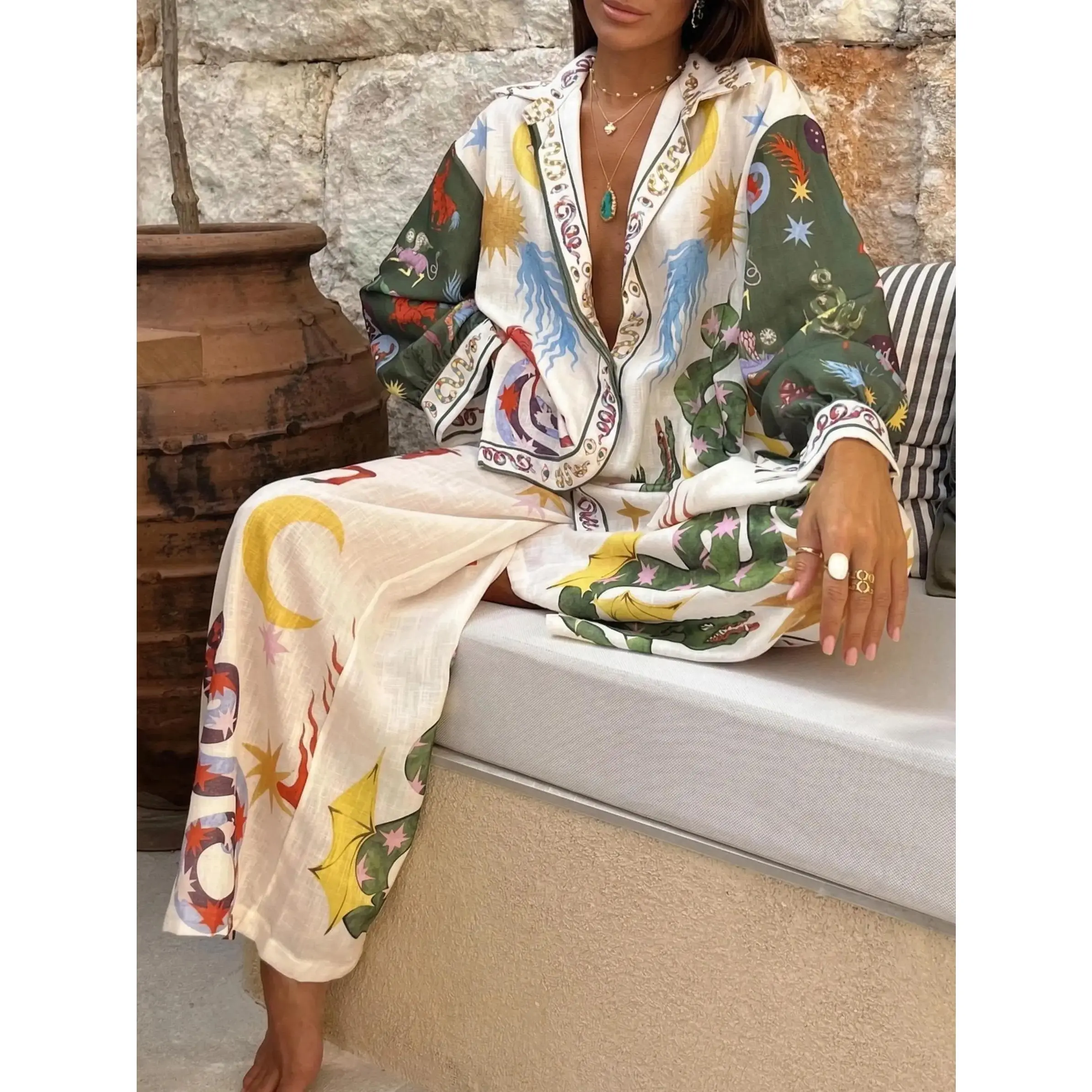 LikeMyChoice 2026 Women's Beauty Unique Print Long Sleeve Shirt & Elastic Waist Pants Set Casual Chic Breathable Fashion 2 Piece Outfit for Daily Wear 2 piece sets women outfits women matching sets women comfort sweat set Womenswear Clothes Loose Chic