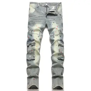 XIMXIMMTIAN Men Slim Fit Retro Green Jeans Designer Casual Street Tear Fashion Straight Stretch Water Washed Motorcycle Biker Denim Moto Skinny Multi-pocket Pants Comfort Ripped Men's outdoorfun