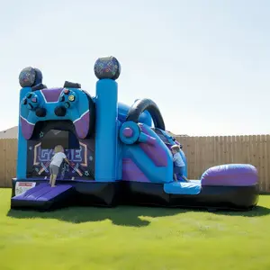 18FT x 12FT Game Zone Arcade Inflatable Bounce House & Water Slide Combo for Kids, 2-in-1 Wet & Dry Backyard Bouncer with Blower & Safety Mesh