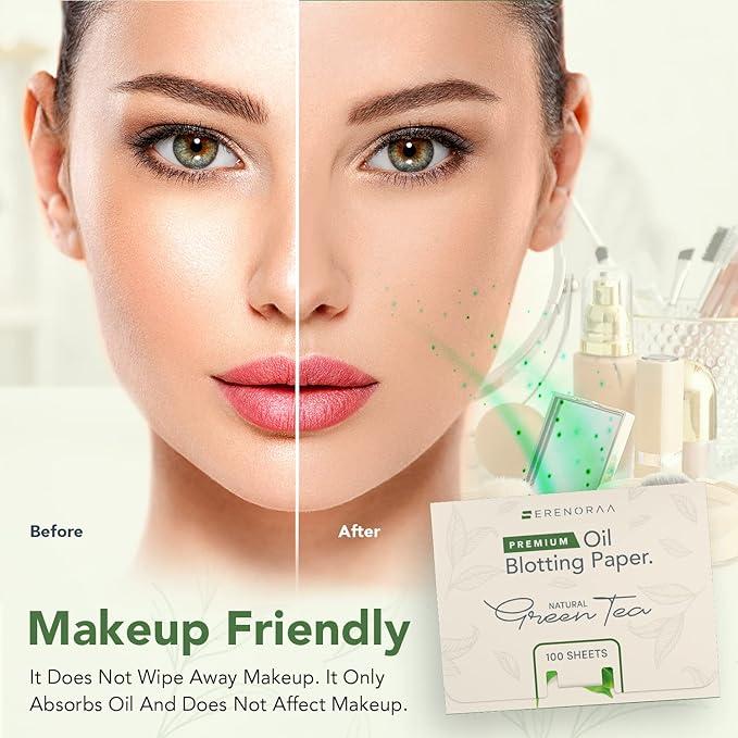 Premium Natural Green Tea Oil Blotting Sheets for Face - 1x100 Sheets with Extra Large 5x3" Thick Blotting Paper for Oily Skin - Dispensable Portable Pack - Reduce Skin Acne - Makeup Friendly