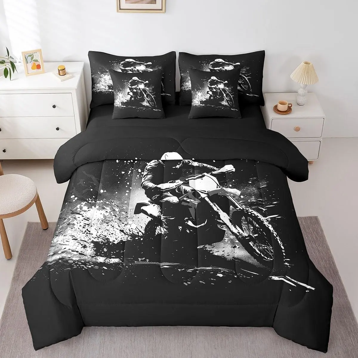 Dirt Bike 7 Pieces Beeding Set Extreme Sports Bed Set Ultra Soft Racing Motocross Rider Bed in a Bag with Comforter,Sheets,Pillowcases Room Decor Motorcycle