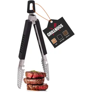 9" Long Stainless Steel BBQ Grill Tongs with Soft Grip Handle - 1 Pair, Black