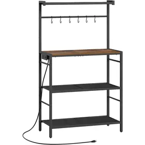 Rack with Power Outlet, Kitchen Storage Shelf with 6 Hooks, Microwave Stand with Storage, 4-Tier Coffee Bar Station, for Kitchen, Dining Room, Rustic Brown and Black BRHR351E01