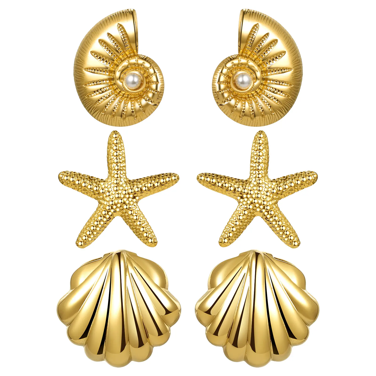 OIDEA Women's 3-Pair Tarnish-Free Gold Coastal Earrings - Stainless Steel, Lightweight Ocean Motif Jewelry with Shell/Conch/Starfish Shapes, Earring Stack, Statement Piece, Bohemian Costume Accessories