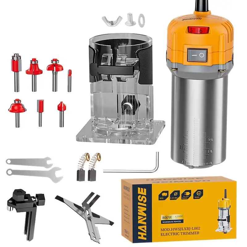 HANWISE 6-Speed Electric Trim Router 800W, 6.1A Palm Router With 13000-35000 RPM, Includes 15-Pc 1/4" Router Bit Set, Edge Guide & Wrenches - For Wood Edge Trimming, Grooving, Carving & Engraving