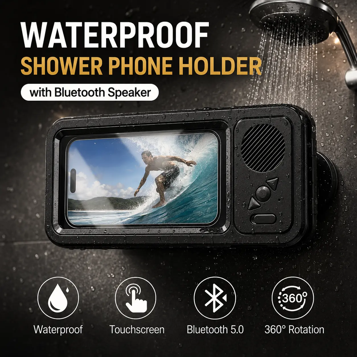 Waterproof Box Bluetooth Wireless Speaker with360° Rotating Touch Screen, Bathroom Shower TVand Phone Holder Speaker for Watching Movies,Listening to Music, Suitable for Swimming Pool,Kitchen and Bathroom, Soundbox
