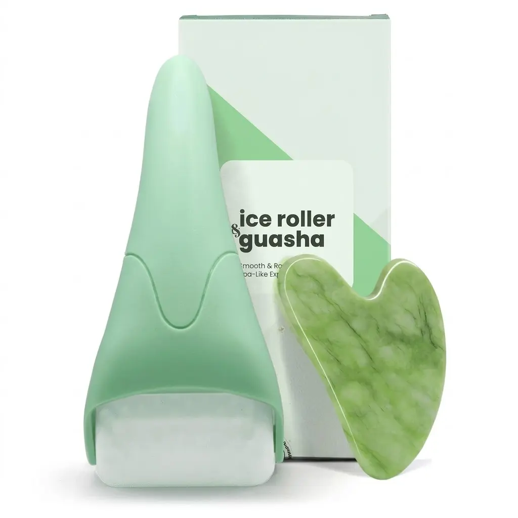 Ice Roller Gua Sha Set Jade Roller Facial Roller Green Marble Beauty Tool Skincare Gift for Women Anti Aging Face Massager Self Care