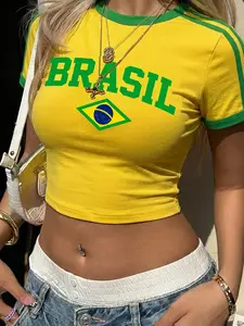 1 Pc Women's Y2K Brazil Graphic Crop Top Slim Fit Short Sleeve Casual Everyday T-shirt Retro Sporty Style for Daily Vacation Party Streetwear