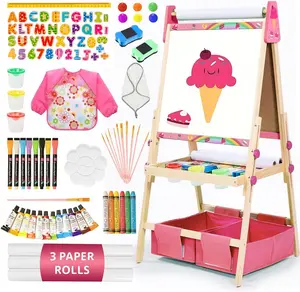 Kids 3-in-1 Adjustable Double Sided Wooden Art Easel with 3 Paper Rolls Magnetic Whiteboard Chalkboard Standing Painting Easel for Toddlers Ages 2-8 Pink