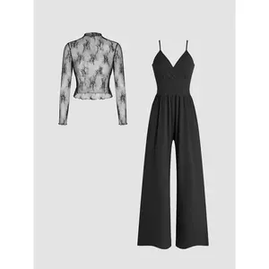Women's Solid Color Lace Tee & Pocket Overalls Jumpsuit Two-piece Set, Fashion Casual Zipper Back Cami Jumpsuit & Long Sleeve Top for Daily Wear, Women's Clothing for Spring & Fall