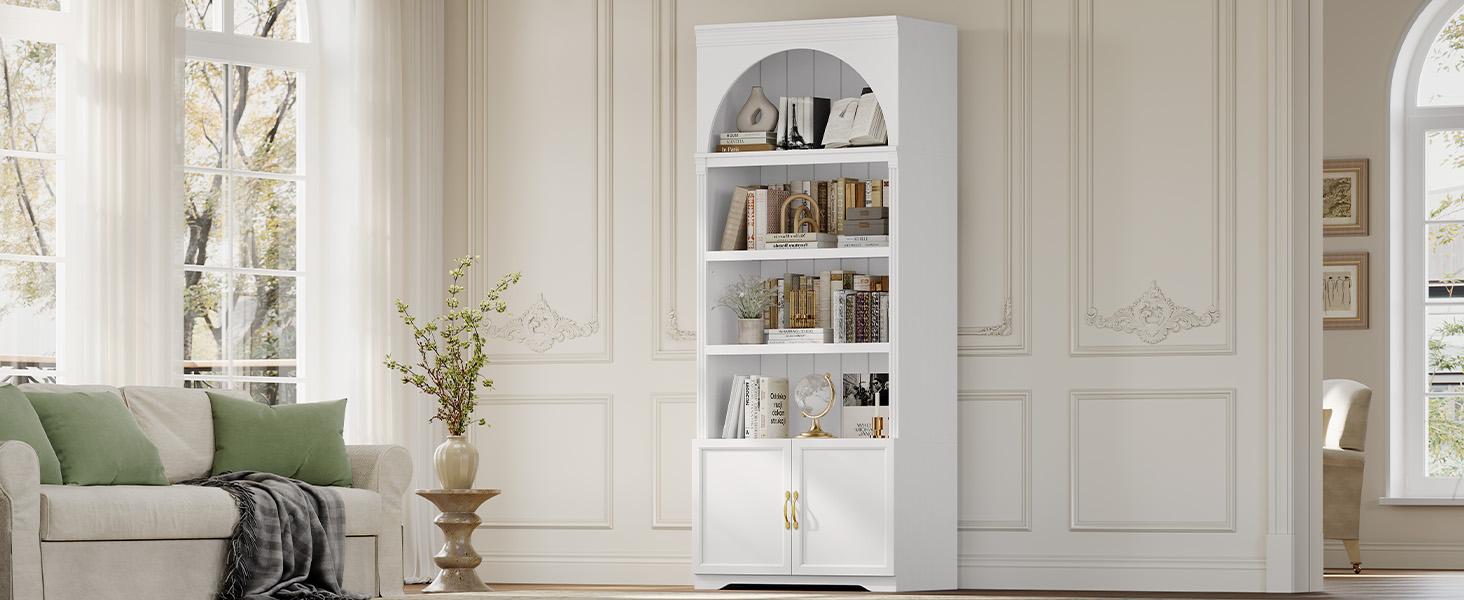 81.2" Tall Arched Cabinet, Bookcase with storage, Modern 6-Tier Bookshelf with Door, 2 Book Risers and Adjustable Shelves for Living Room,Kitchen,Home Office, Space Saving (White)