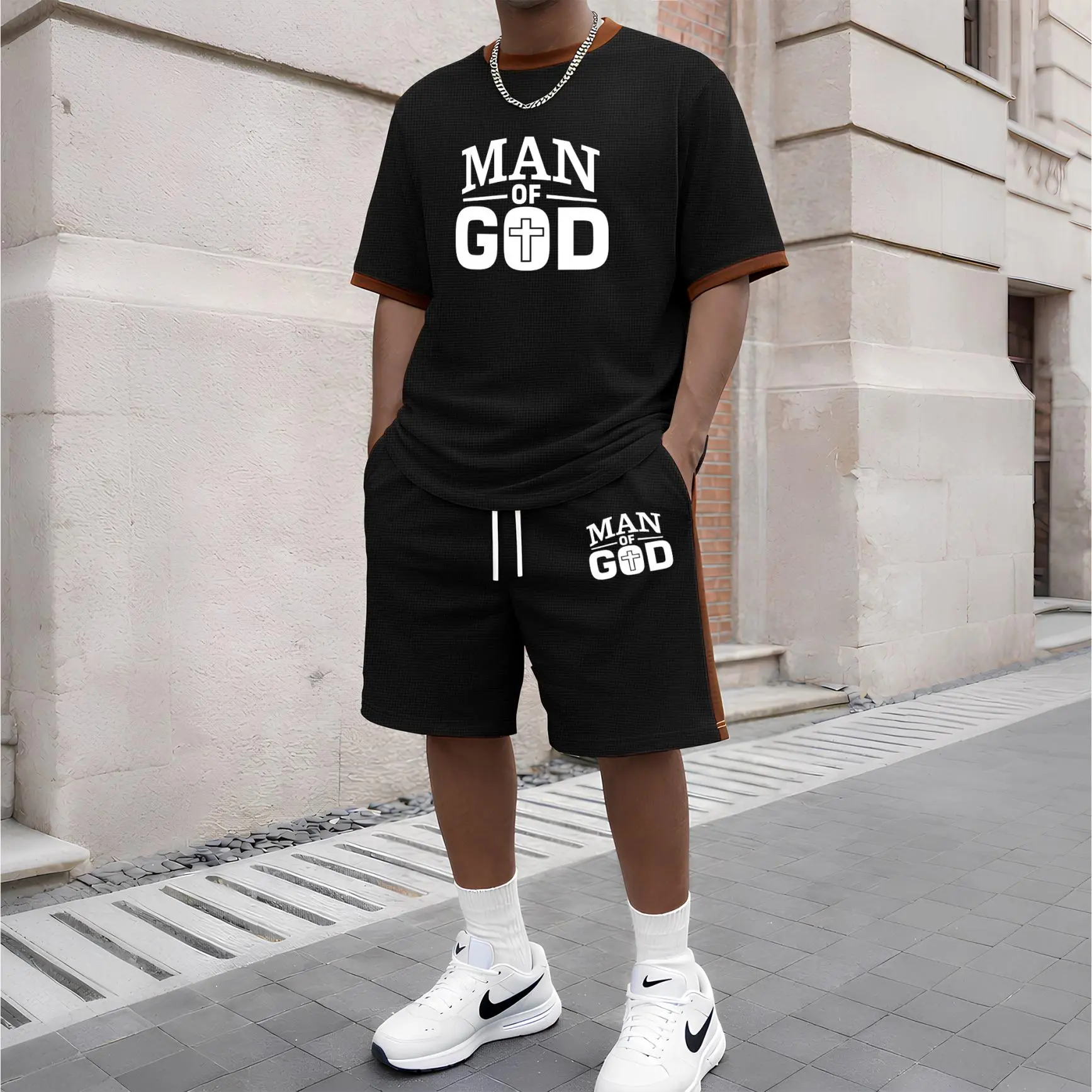 Men's God Graphic Short-Sleeved T-Shirt And Drawstring Shorts Set, Men's Clothing, Casual Sports Short-Sleeved Top And Shorts, Men's Summer Everyday Wear, Indoor And Outdoor Sportswear, Sports Set