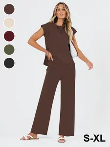 Women's Spring & Fall Casual Chic Home Set, Comfortable Fitted Suit with Solid Plain Round Neck Top and Straight Leg Pants, Fashionable Two-Piece Outfit