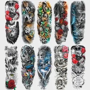 10 Pcs Full Arm Rose Wolf Lion Temporary Tattoo Sleeves, Realistic Waterproof Body Art Stickers for Men Women Adults Leg Tattoos