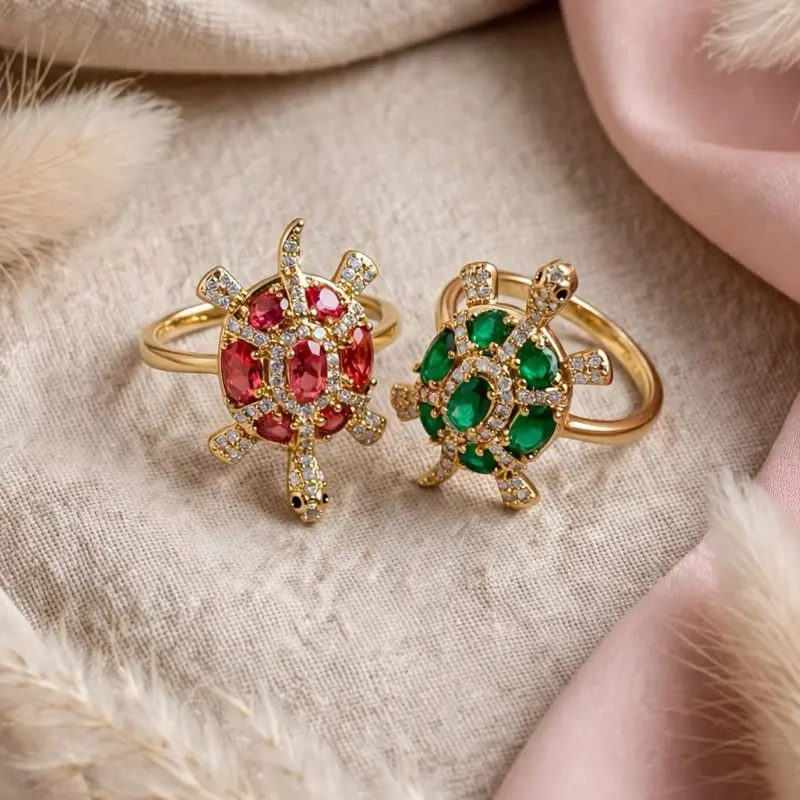 Anillo Tortuguita Dorada con Zirconia Fucsia o Verde.