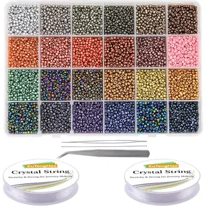 EuTengHao 8/0 Glass Seed Beads Kit, 3mm Metal Color Waist Beads, 24Colors Small Pony Beads with String for Bracelet Necklace Earring Jewelry Making (14405PCS, 600 Per Color)
