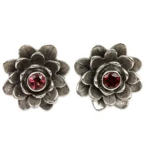 NOVICA Garnet flower earrings, 'Red-Eyed Lotus'