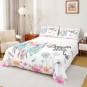 Dreamy Dream Catcher Bed Sheet Set for Kids Boys Adults,Farmhouse Style Watercolor Flowers Feathers Fitted Sheet Set,4 Pcs,Retro Tribal Ethnic Decor Super Soft Sheet Set for Bedroom Decor