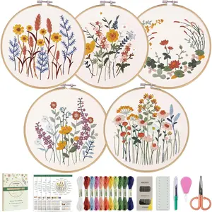 5 Pack Beginner Embroidery Kit for Adults, Easy to Learn Floral Embroidery Patterns from Video & Instruction, Needlepoint Kits for Adults Include Embroidery Hoop, Colorful Threads, Tools