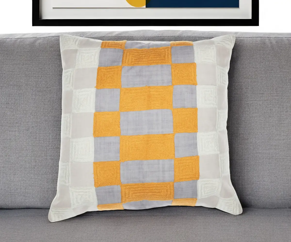 360 Stand 20 in. Checkered Yellow & Gray Polyester Decorative Cushion - Hand-Woven, Embroidered, 360-Degree Rotatable Stand, Removable Zippered Cover, for Indoor Use, Decorative Cushions, 20 X 20