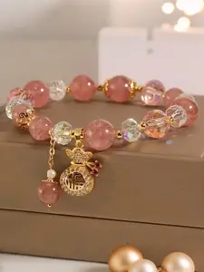 Vintage Strawberry Quartz Bracelet with Lucky Bag Pendant, Casual Style for Daily Wear, Parties, and Events, All Seasons Accessory