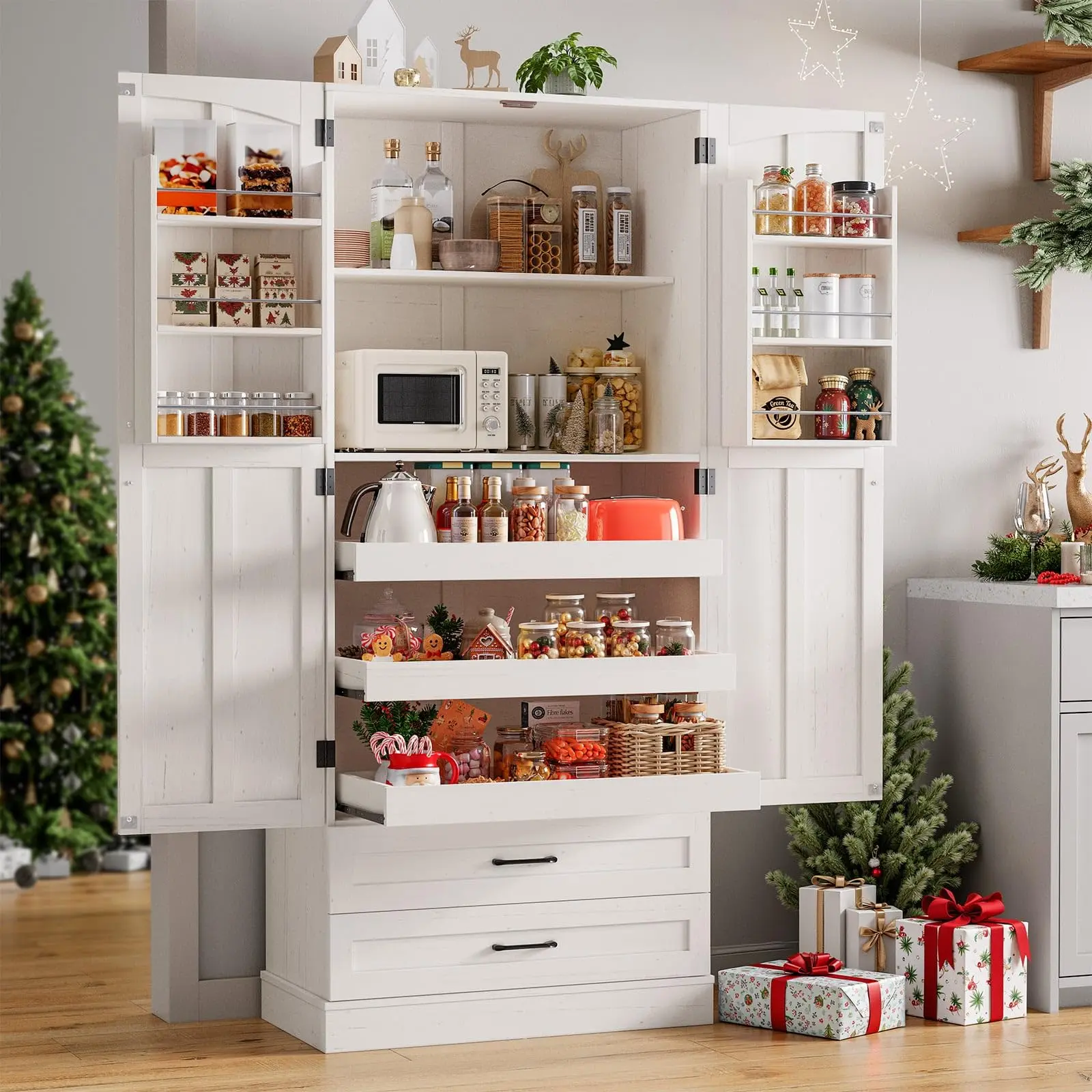 ONBRILL 71" Tall Farmhouse Kitchen Pantry Cabinet with 3 Pull Out Shelves & 2 Large Drawers, Pantry Storage Cabinet with 6 Door Shelf & Adjustable Shelf, Freestanding Cupboard for Kitchen, Dining Room