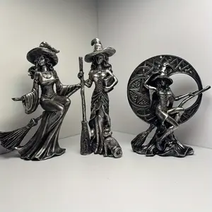Dreamy Witch Statue Resin Moon Witch with Broom and Pot, European Indoor Outdoor Decor, Suitable for Living Room Office Garden