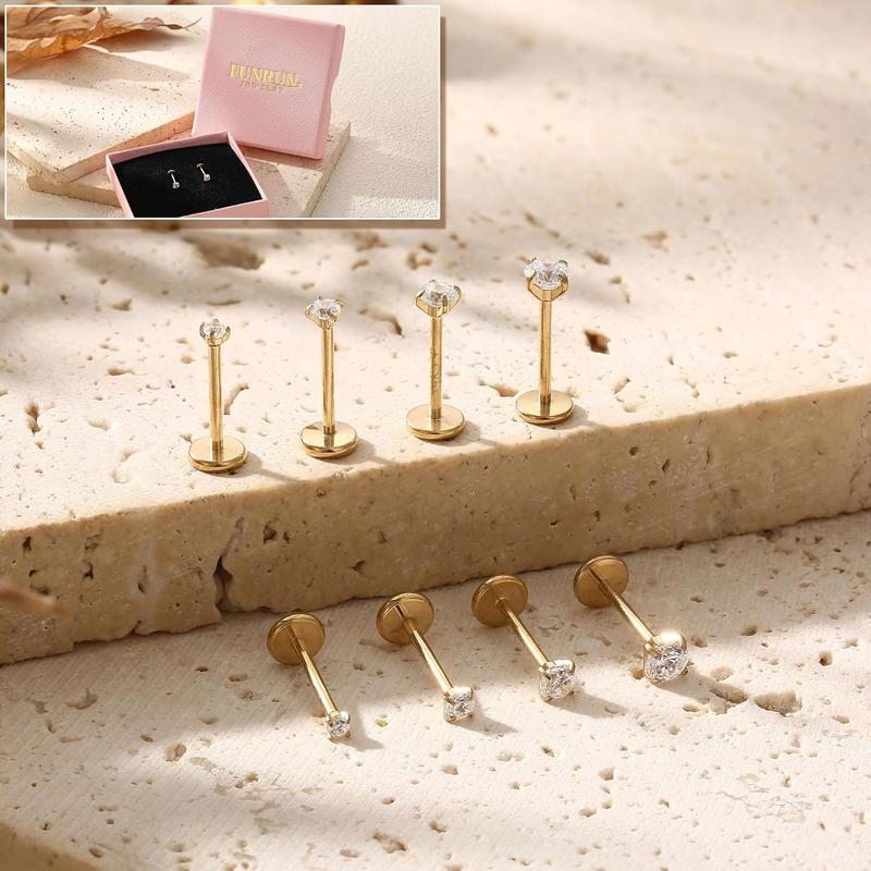 14K Gold Nose Studs For Women 316L Surgical Steel Threadless Nose Ring Lip Studs Push In Flat Back Stud Earrings Cz Nose Nostril Tragus Helix Body Piercing Jewelry Silver Gold 20G 18G