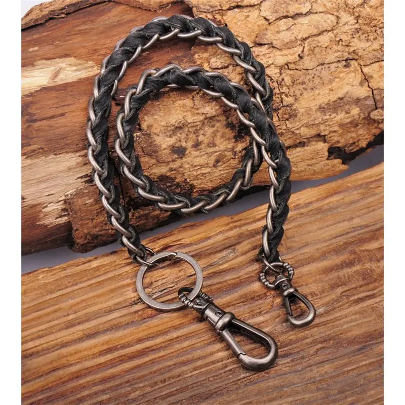 C49 Black Braided Leather & Metal Rocker Biker Jean Keychains Key Wallet Chain