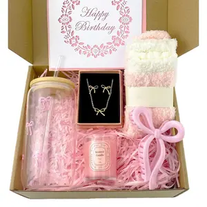 Birthday Gifts for Women,Teen Girls, Her, Happy Birthday  Trendy Stuff  Box Basket for Mom, Sister, Daughter, , Wife, Cute   Bow Glass Cup Gifts Set 7 count