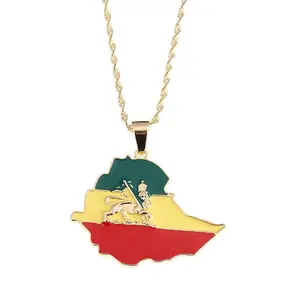 Ethiopian Flag Lion Map Pendant Necklace for Women Men Gold-Tone Chain Colorful Map Design Unique Jewelry Gift