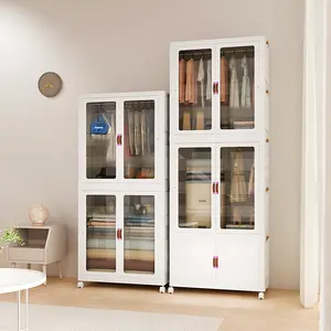 Stackable & Foldable Plastic Storage Cabinet with Lid Magnetic Doors & Locking Wheels Easy Assembly for Living Rooms Kitchens Dorm Rooms