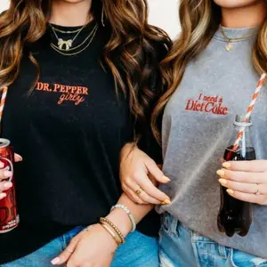 Embroidered Diet Coke/ Dr. Pepper Acid Wash Loose Fitting Unisex Tshirt Casual Wear