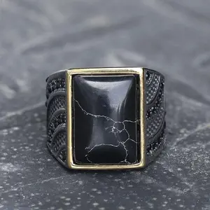 GTHIC Retro Black Stone Stainless Steel Zircon Ring Punk Accessories for Men Birthday Gifts Daily Wear