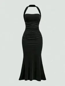 Women's Sexy Backless Halter Neck Ruched Bodycon Mermaid Maxi Dress Night Out Outfit ✨👗