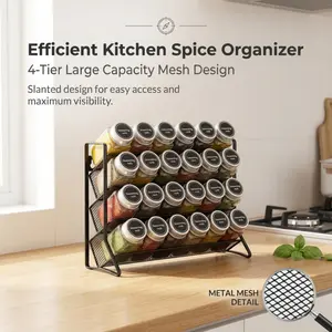 4-Tier Slanted Metal Mesh Spice Organizer, Large Capacity Kitchen Countertop Storage Rack with Full Visibility, for Spices & Seasoning Organization