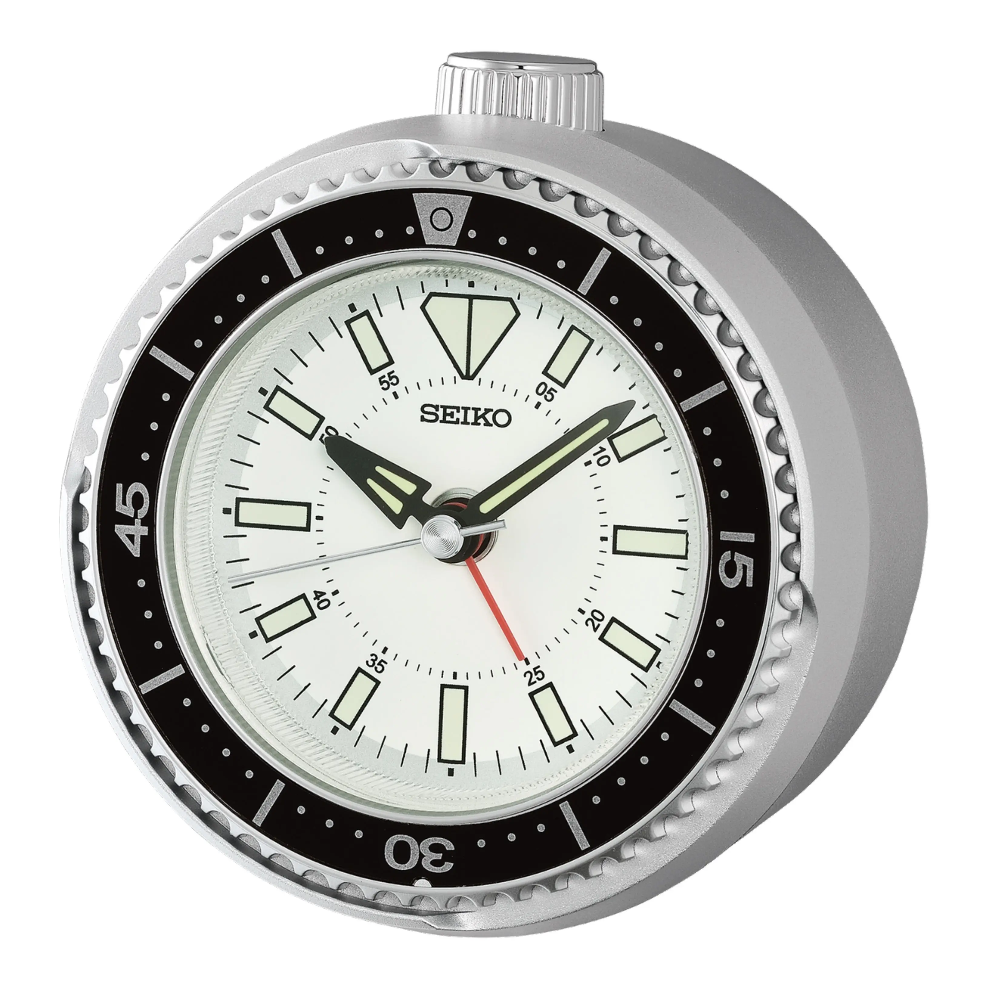 Seiko "Mai Modern Watch Dial" Silver Heritage Design Luminous Desk & Alarm Clock with Rotating Bezel - QHE207SLH