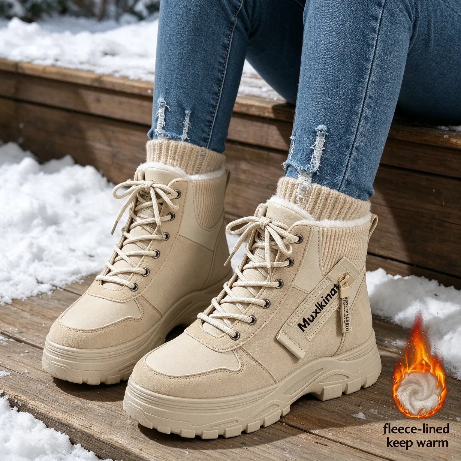 Women's Fleece-Lined Warm Boots - Cozy, Stylish Winter Shoe with Laces and Comfortable Design
