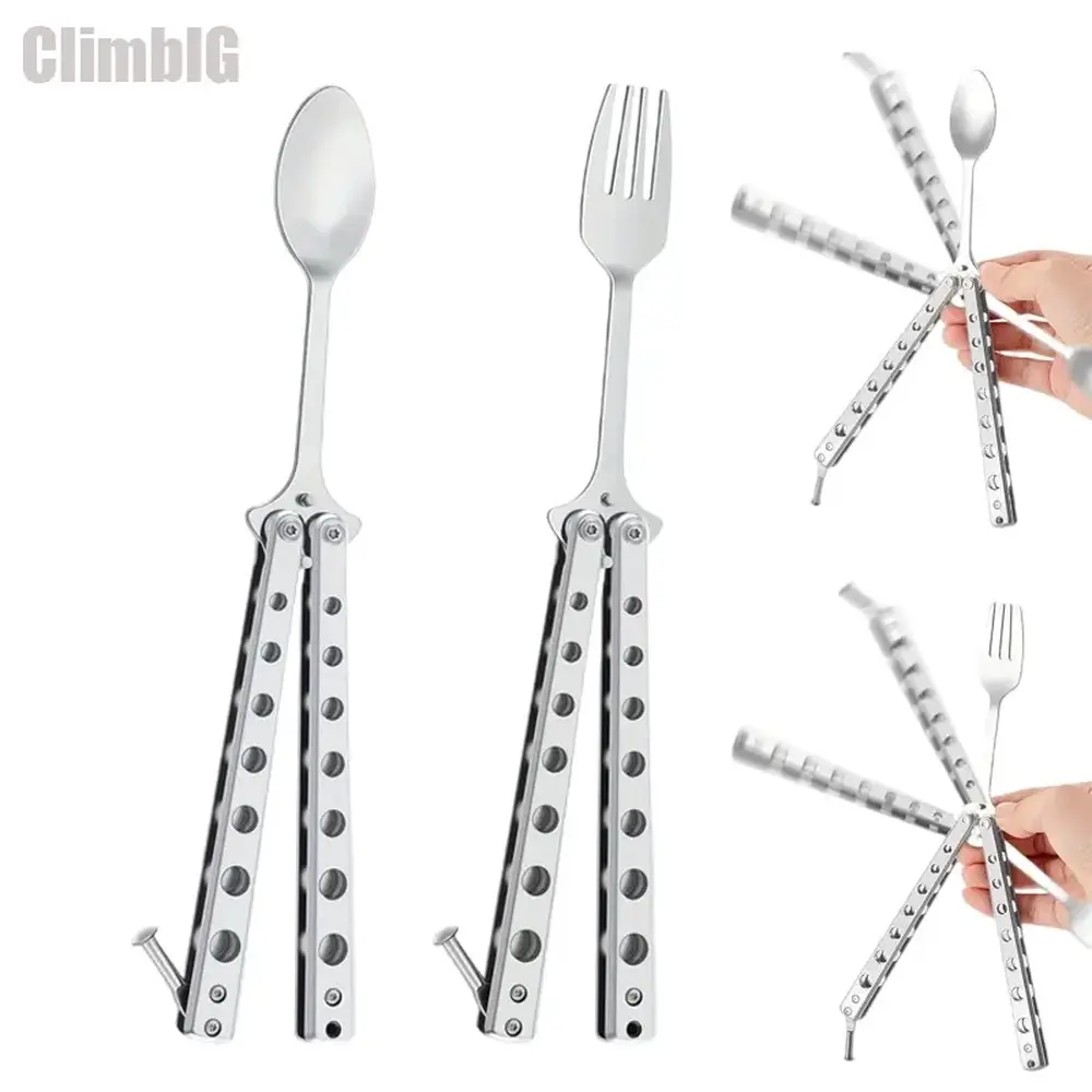Tactical Butterfly Fork Spoon 2 in 1, Stainless Steel Balisong Trainer Cutlery, Foldable Butterfly Trainer Balisong, EDC Pocket Multitool, HuntinFoldable Butterfly Trainer Balisongg Camping Survival Gear & Outdoor BBQ Supplies