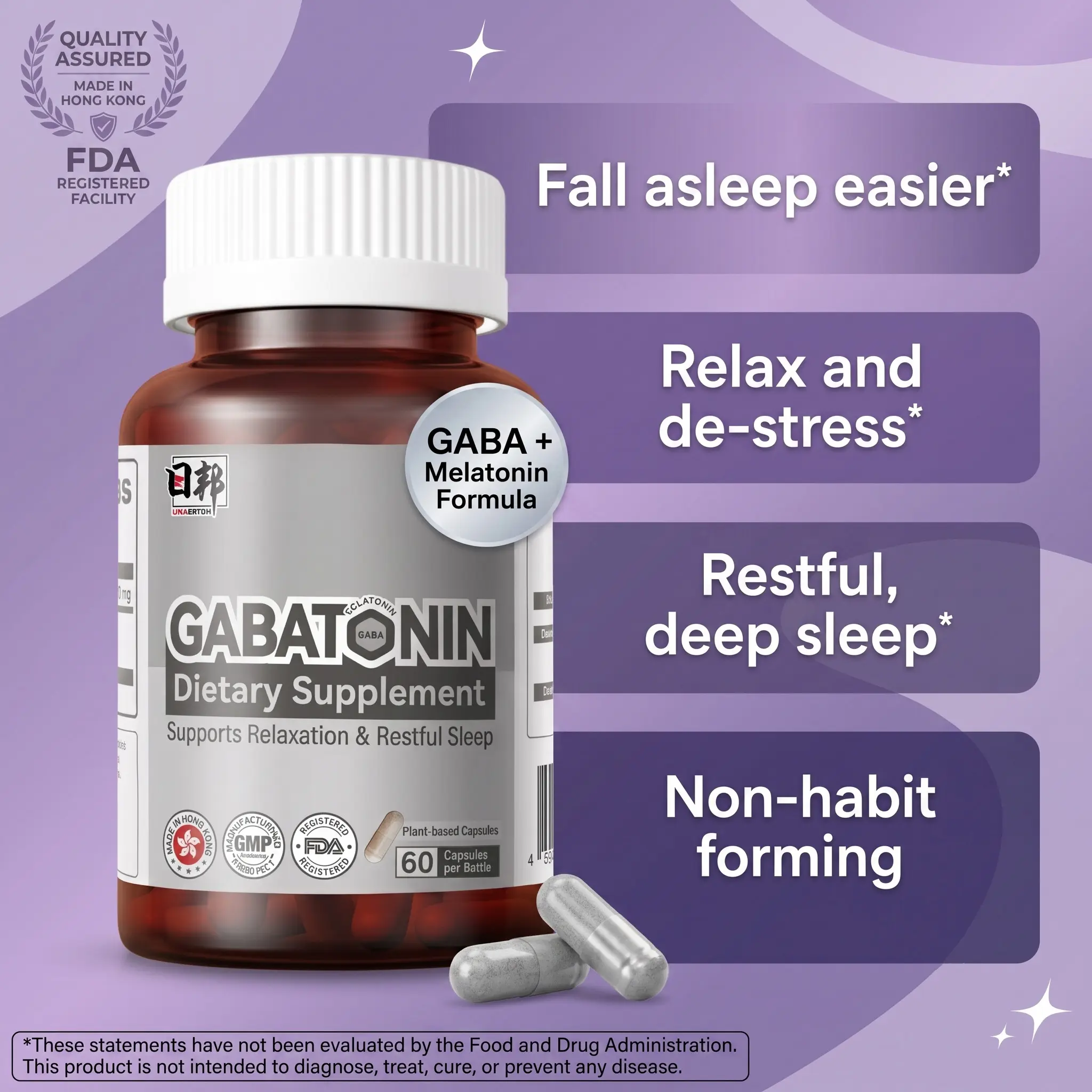 GABATONIN Melatonin & GABA Restful Sleep Supplement - FDA Registered, Caffeine Free, Sugar Free, Soothing Brain Health Support with L-Tryptophan, Non-Habit Forming, 60 Plant-Based Capsules
