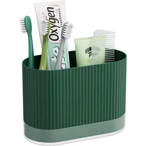 Green Kids Toothbrush Holders for Bathrooms, Cute Toddler Plastic Tooth Brush Holder with Drainage and Drip Tray, Large Family Size Toothpaste Stand Organizer Caddy, Green Bathroom Accessories Decor