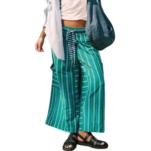 UANEO Women Drawstring Striped Pants Loose Wide Leg Lounge Pants Casual Palazzo Pants Trousers with Pockets Fabric Polyester Lightweight Womenswear