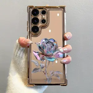 Metal Rose Pattern Four-Corner Airbag Electroplated Phone Case Suitable for Samsung GALAXY S25 ULTRA S24 Plus S23 Fe , Compatible with iPhone 17 AIR 16 Promax 15 pro max case 14, iphone 13 cases Protective Black Cover for Both Men And Women Gift.
