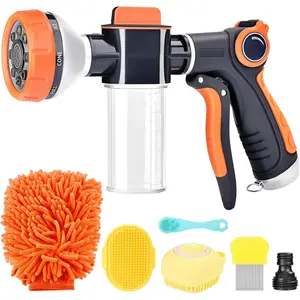 Upgrade Dog Washing Hose Attachment 8 Way Spray Pattern Garden Hose Nozzle with Soap Dispenser Dog Wash Supplies with 2 type Dog Bath Brush Dog Comb and Toothbursh Car Washing Mitt
