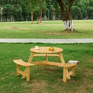 Picnic Table Set for Up to 6/8 Persons, Round Outdoor Table and Bench Set with Umbrella Hole, 1800/2400 LBS Capacity, Patio Wood Table Bench Set for for Garden, Backyard, Porch, Patio