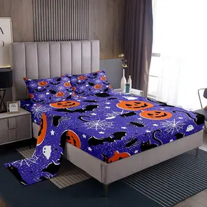 Feelyou Happy Halloween Full Size Bedding Set - Decorative Bedsheet Sets with Pumpkin Lantern, Spooky Cat, Bat Prints, Purple Fitted Sheet Collection, Full Size Set