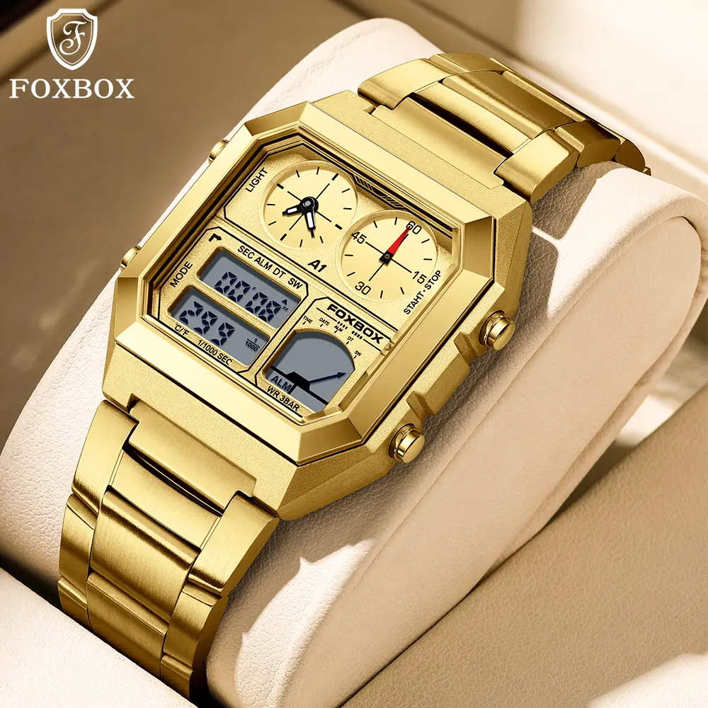 Men's Square Digital Quartz Watch with Stainless Steel Strap, Modern Multifunction Wristwatch with Luminous Hands, 30M Water Resistant, Multifunction Watch