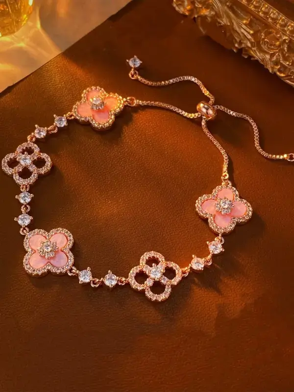 Elegant Rose-Colored Four-Leaf Clover Bracelet with Crystal Super Flash Hypoallergenic Floral Design for Daily Dates and Everyday Elegance