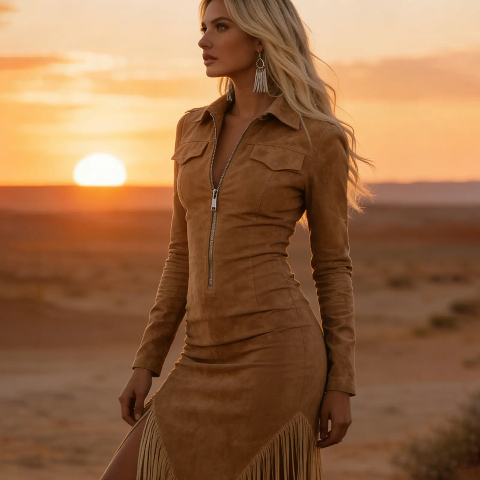 (Strongly Suggest Size Up) Women's Vintage Zipper Fringe Dress Long Sleeve Slim Fit Design No Belt Included Single Dress Western Style Zipper Fringe Long Sleeve Western Style Dress Daily Outing Outfit Multiple Colors for Lady
