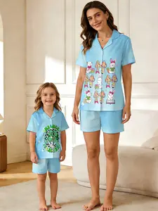 Family Theme Rabbit Bow Sleepwear, Fresh Milk Blue, Mother-Daughter Atmosphere, Casual Slim-Fitting Pajamas, Random Print Design